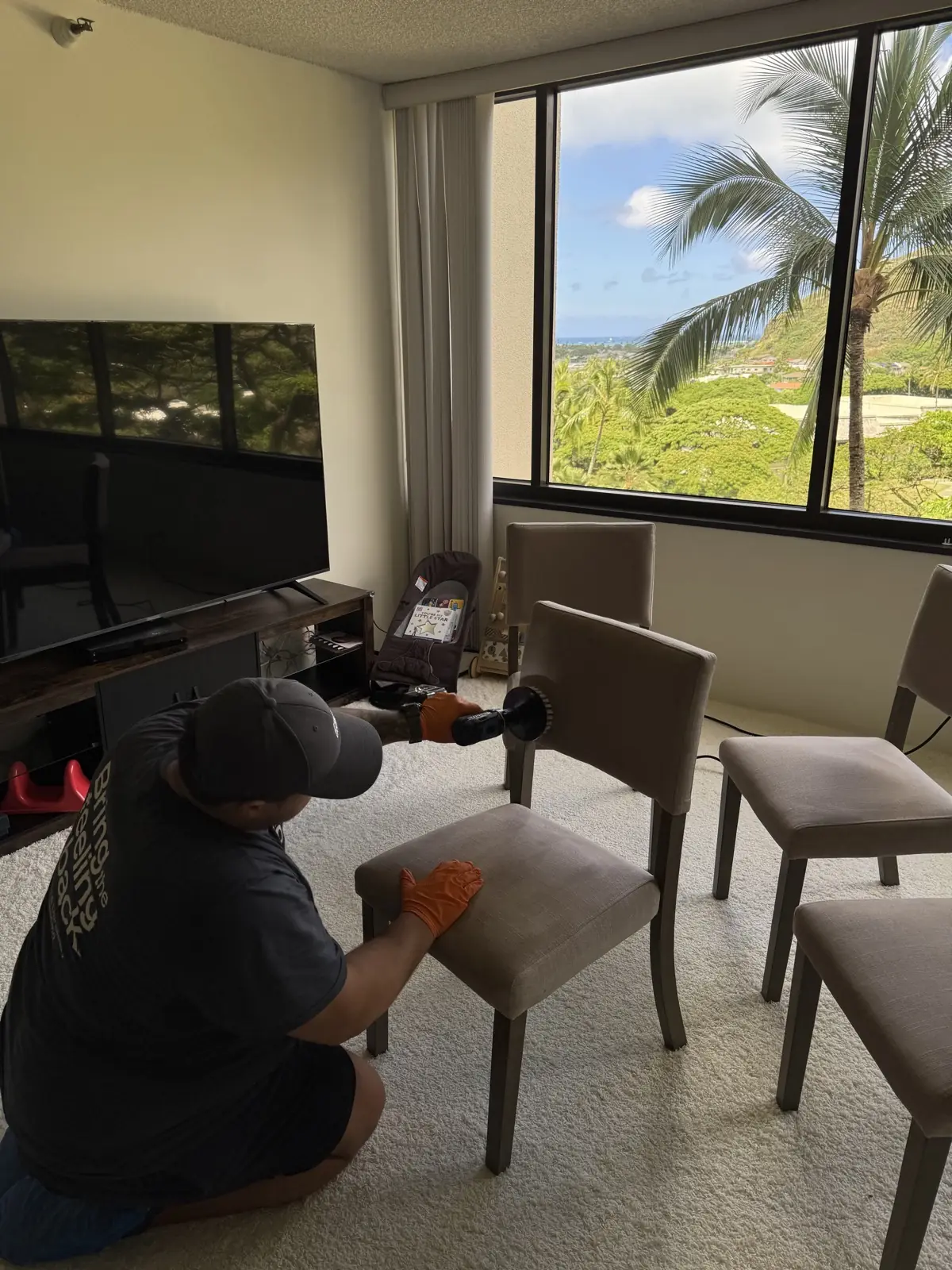 Like Day One owner cleaning dining chairs on Oahu
