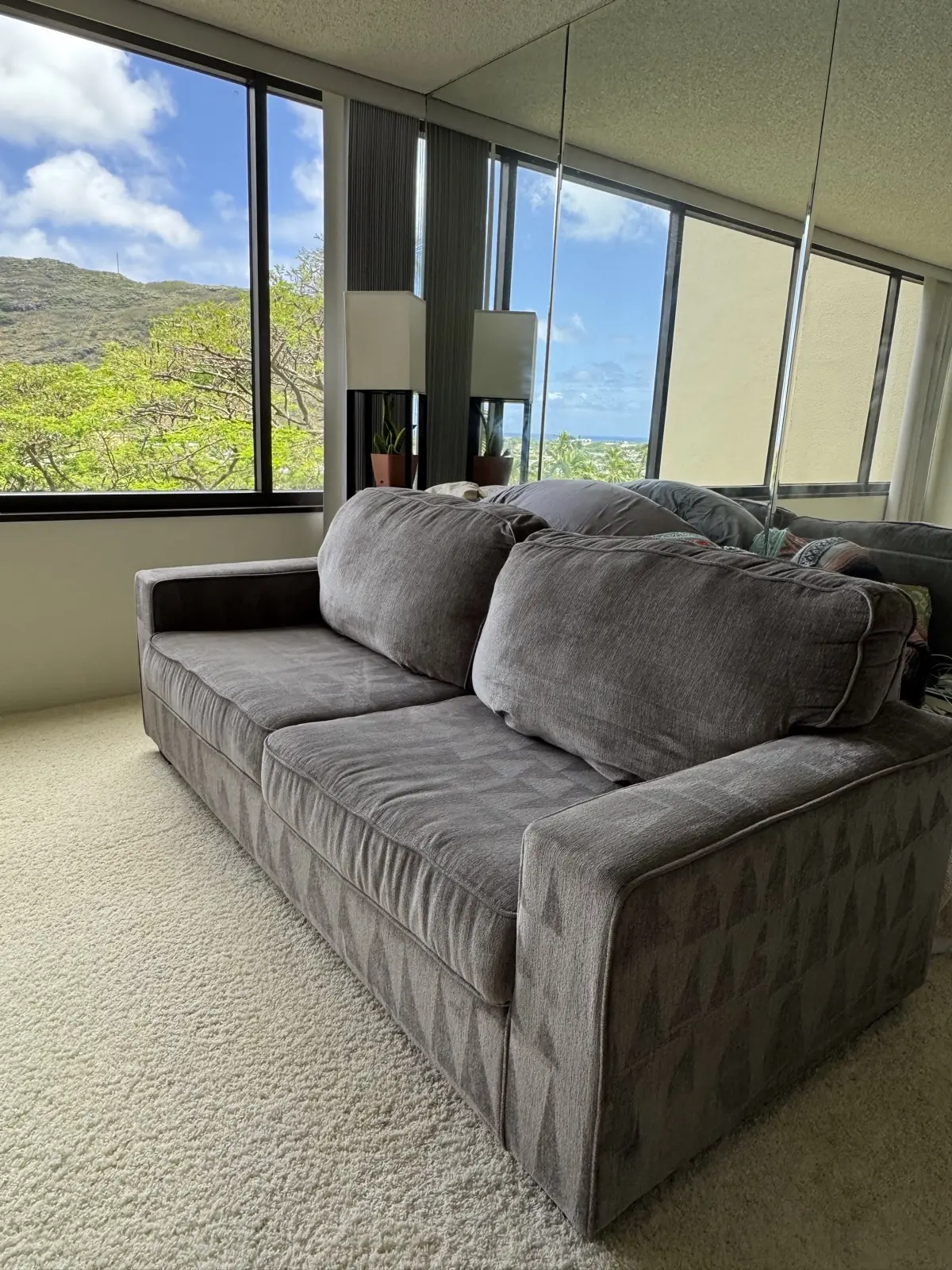 Gray sofa, valley-view condo — after cleaning