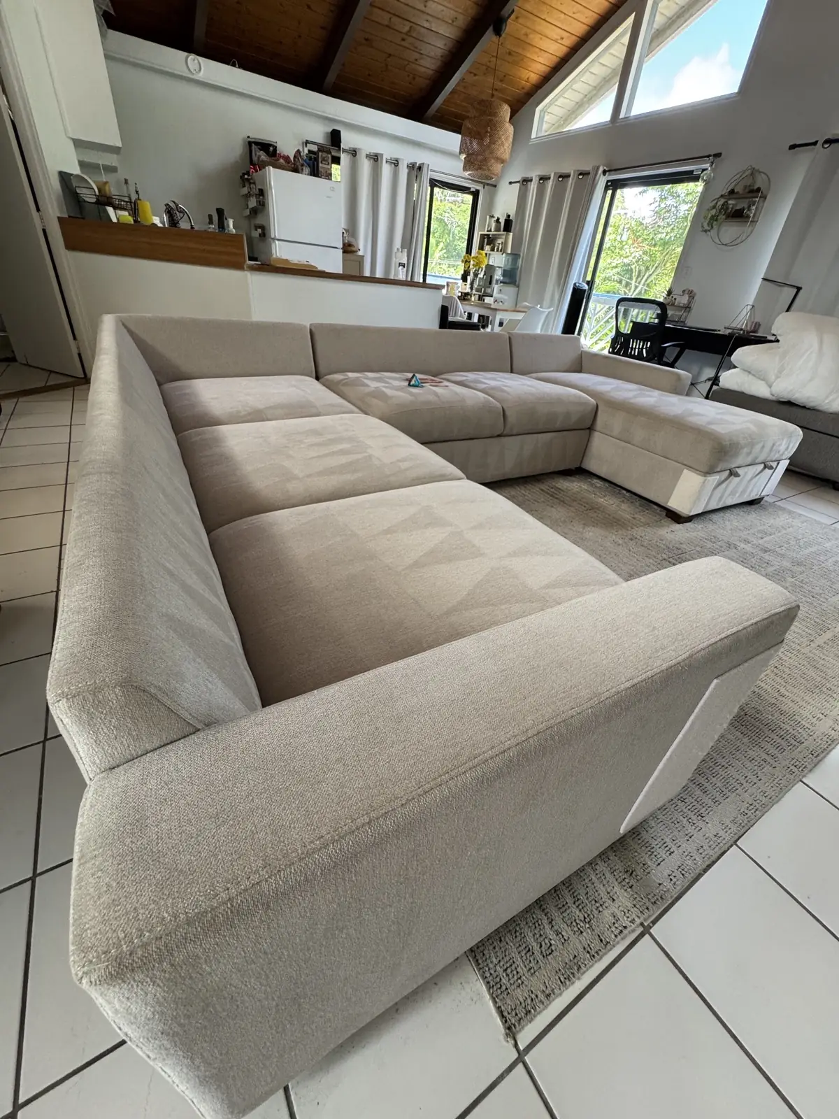 Beige U-shaped sectional — after cleaning